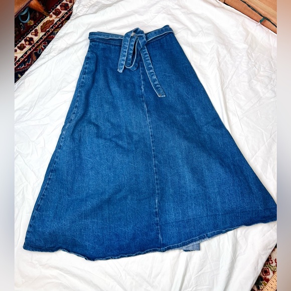 True vintage 70s 90s Pulse cross over tie waist denim A-line midi circle skirt - Picture 1 of 8